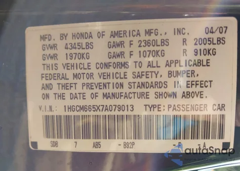 2007 Honda Accord 3.0 Ex z USA, uszkodzony, nr VIN 1HGCM665X7A079013